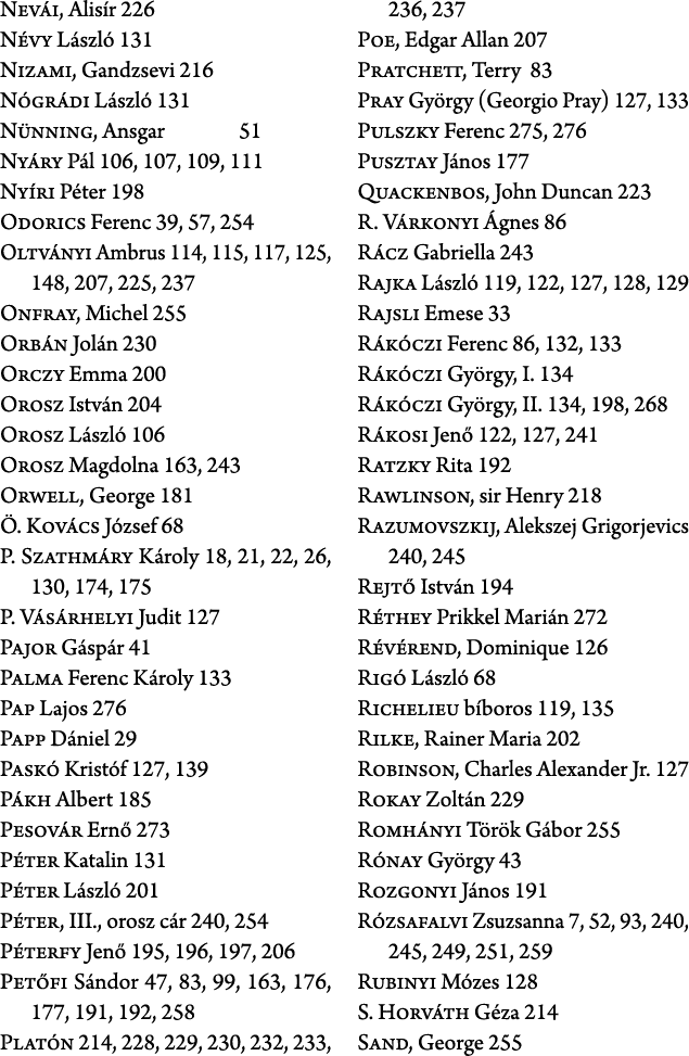 Nev i, Alis r 226 N vy L szl 131 Nizami, Gandzsevi 216 N gr di L szl  131 N nning, Ansgar 51 Ny ry P l 106, 107, 109...
