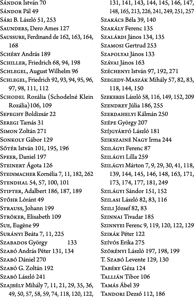 S ndor Istv n 70 S ndor P l 49 S ri B. L szl 51, 253 Saunders, Dero Ames 127 Saussure, Ferdinand de 162, 163, 164, 1...